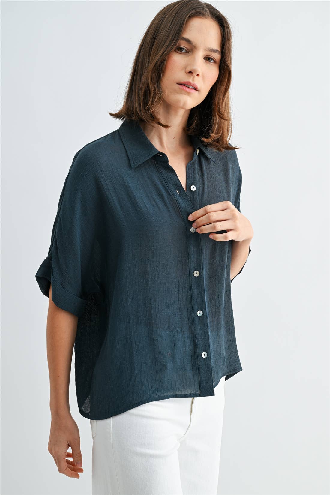 BUTTON DOWN DOLMAN SHORT SLEEVE TOP