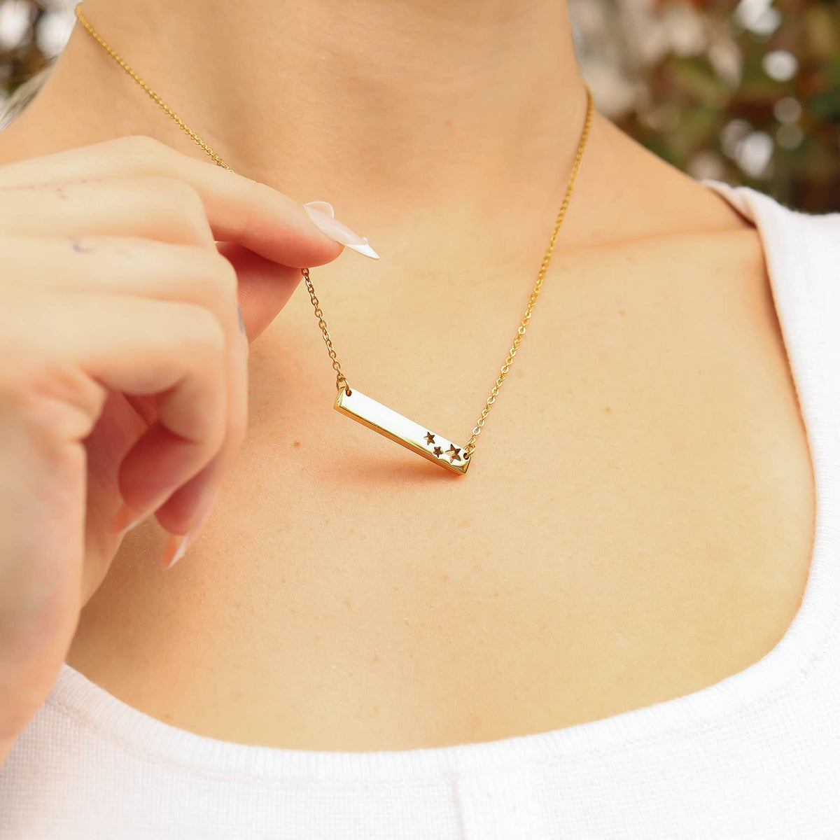 18K Gold PVD Stainless Stars Blank Bar Necklace - WJW