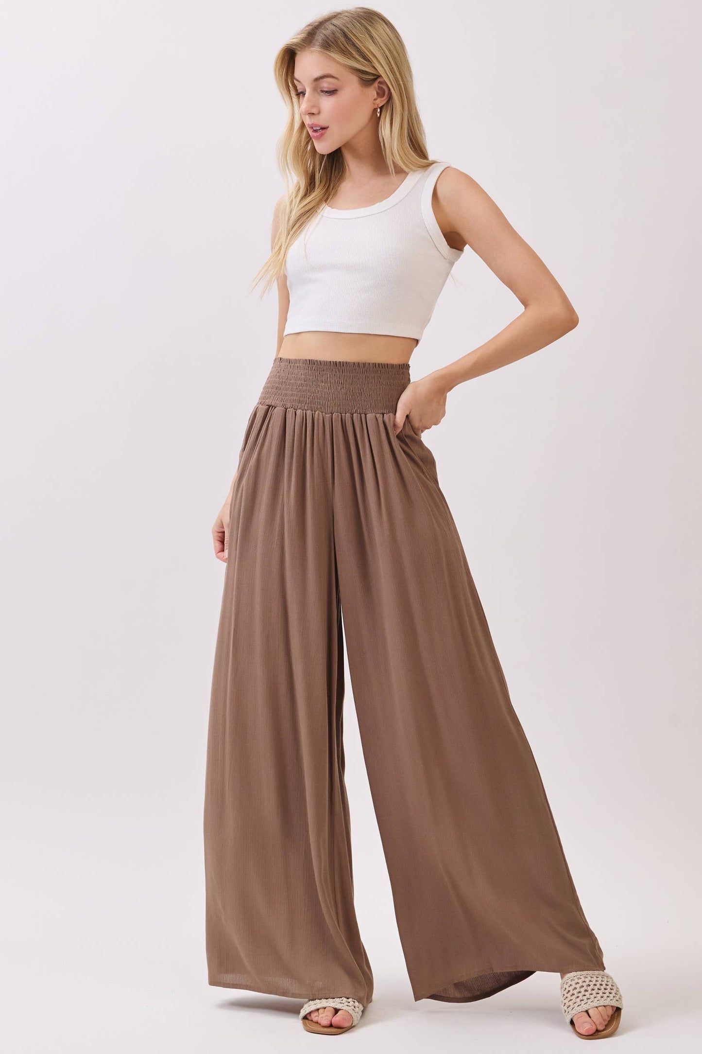 WIDE SMOCK WAIST WIDE LEG PANTS - VNP70263D