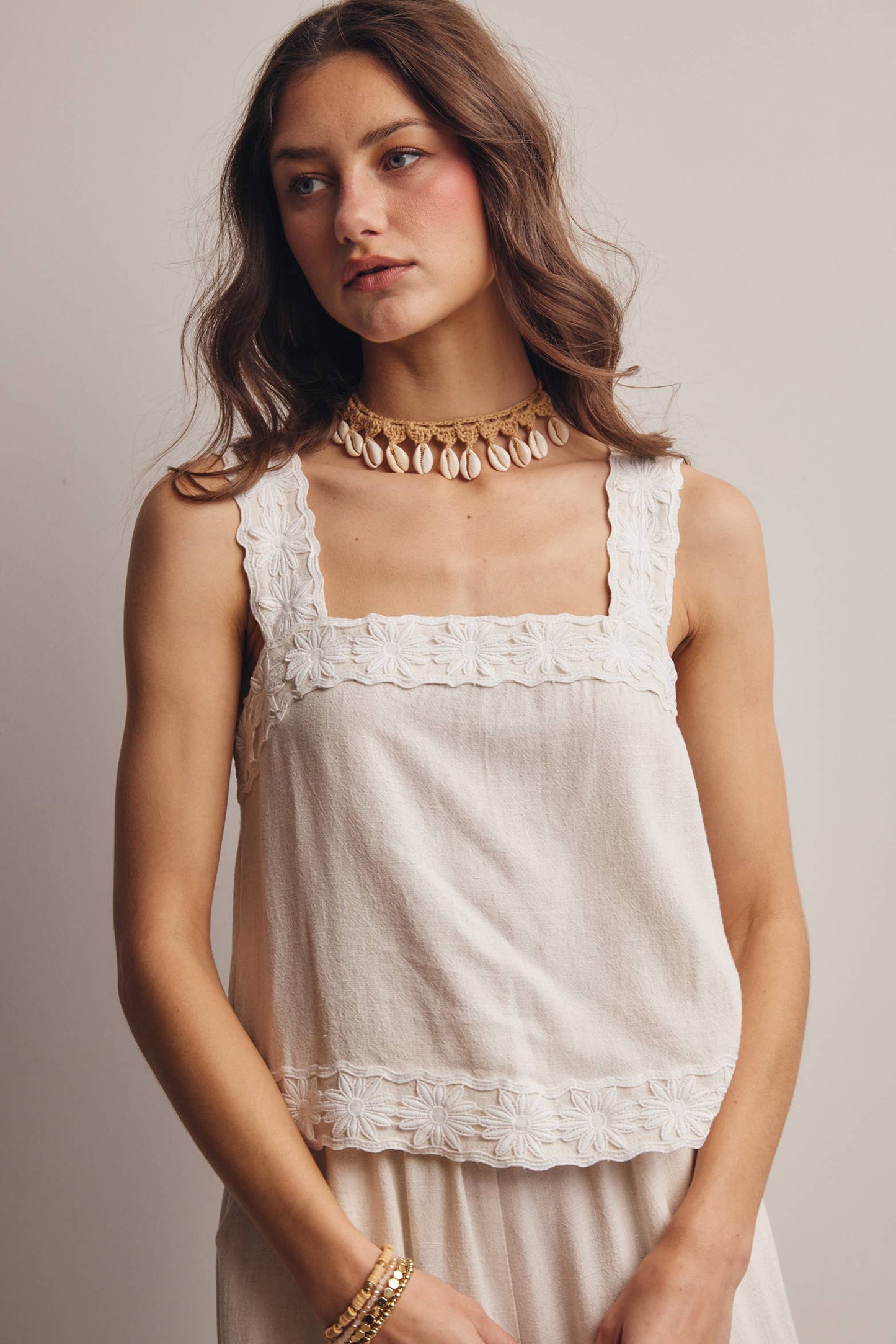 Embroidered Square-Neck Tank & Wide-Leg Pants Set FSET011