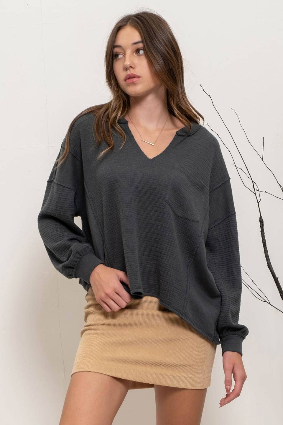 SOLID PATCHWORK SPLIT NECK KNIT TOP - Blu Pepper
