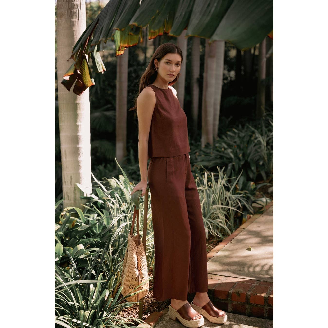 FUN2FUN - LINEN BLEND ELASTIC WAIST BUTTON FRONT PANTS