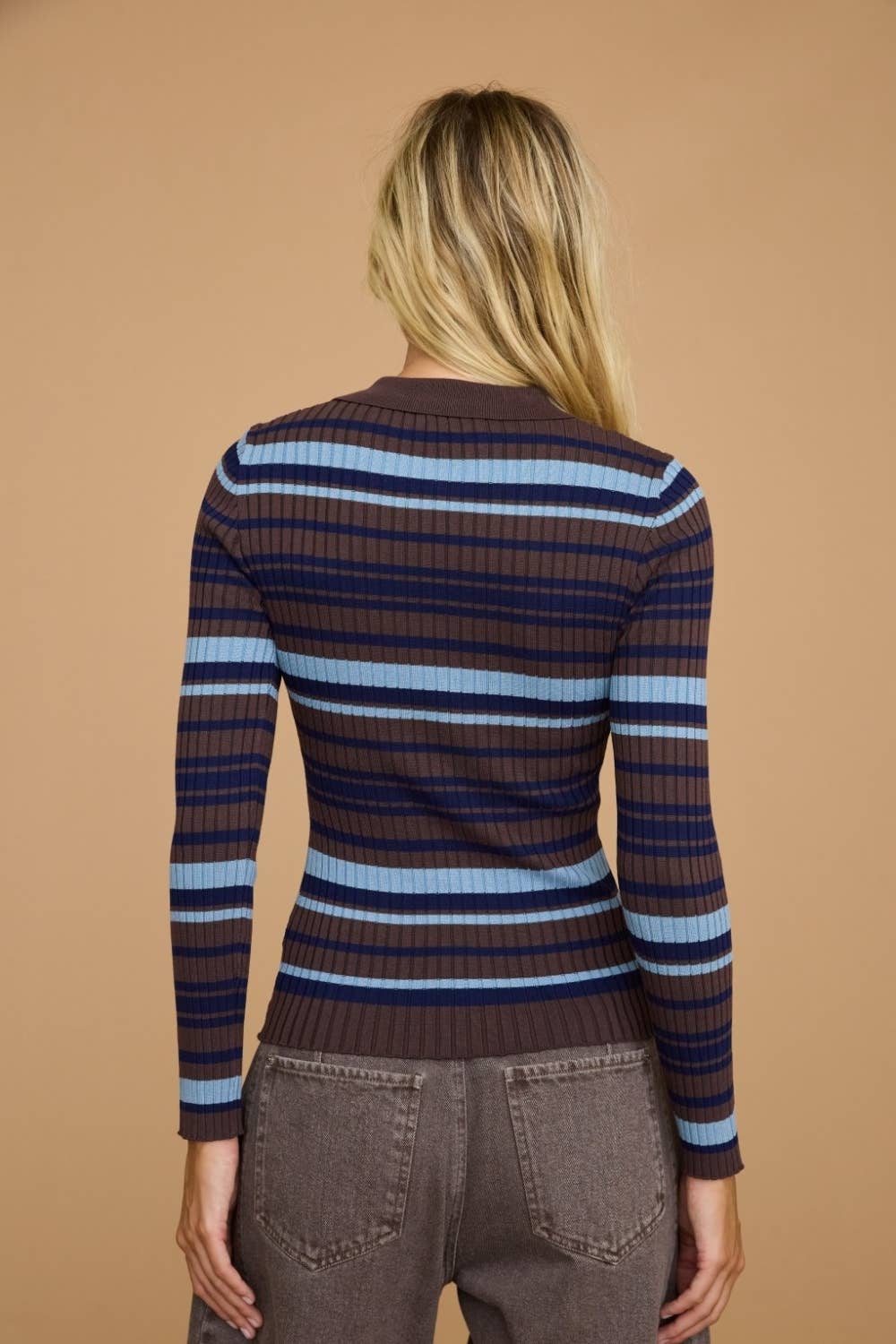 Striped Ribbed Polo Collar Button Knit Top - Dottie Dottie