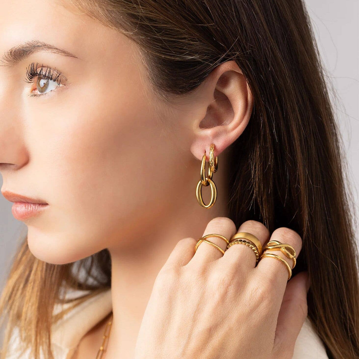 18K Gold PVD Stainless Steel Double Hoop Dangle Earrings - WJW