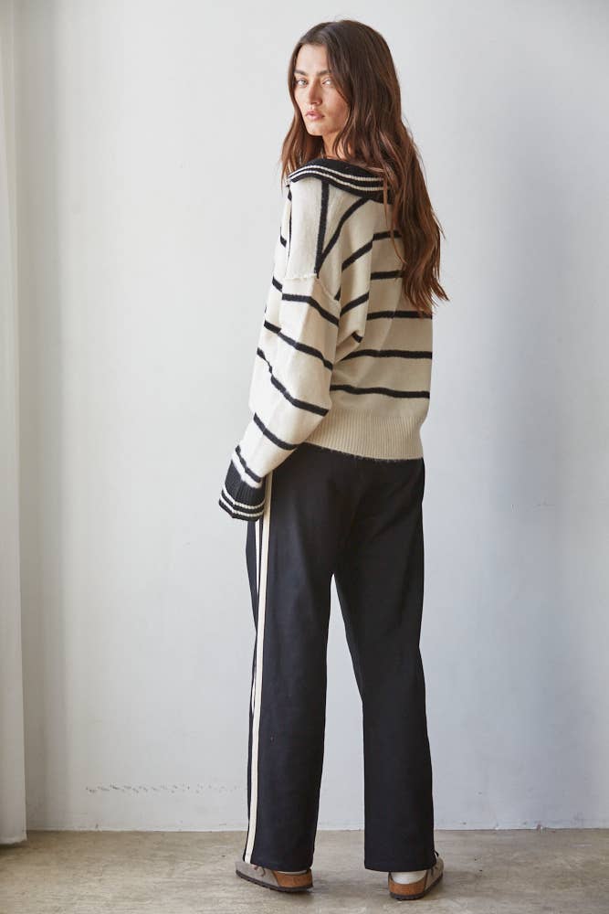 W1337 | Knit Sweater Striped Collar V-Neck Long Sleeve Top