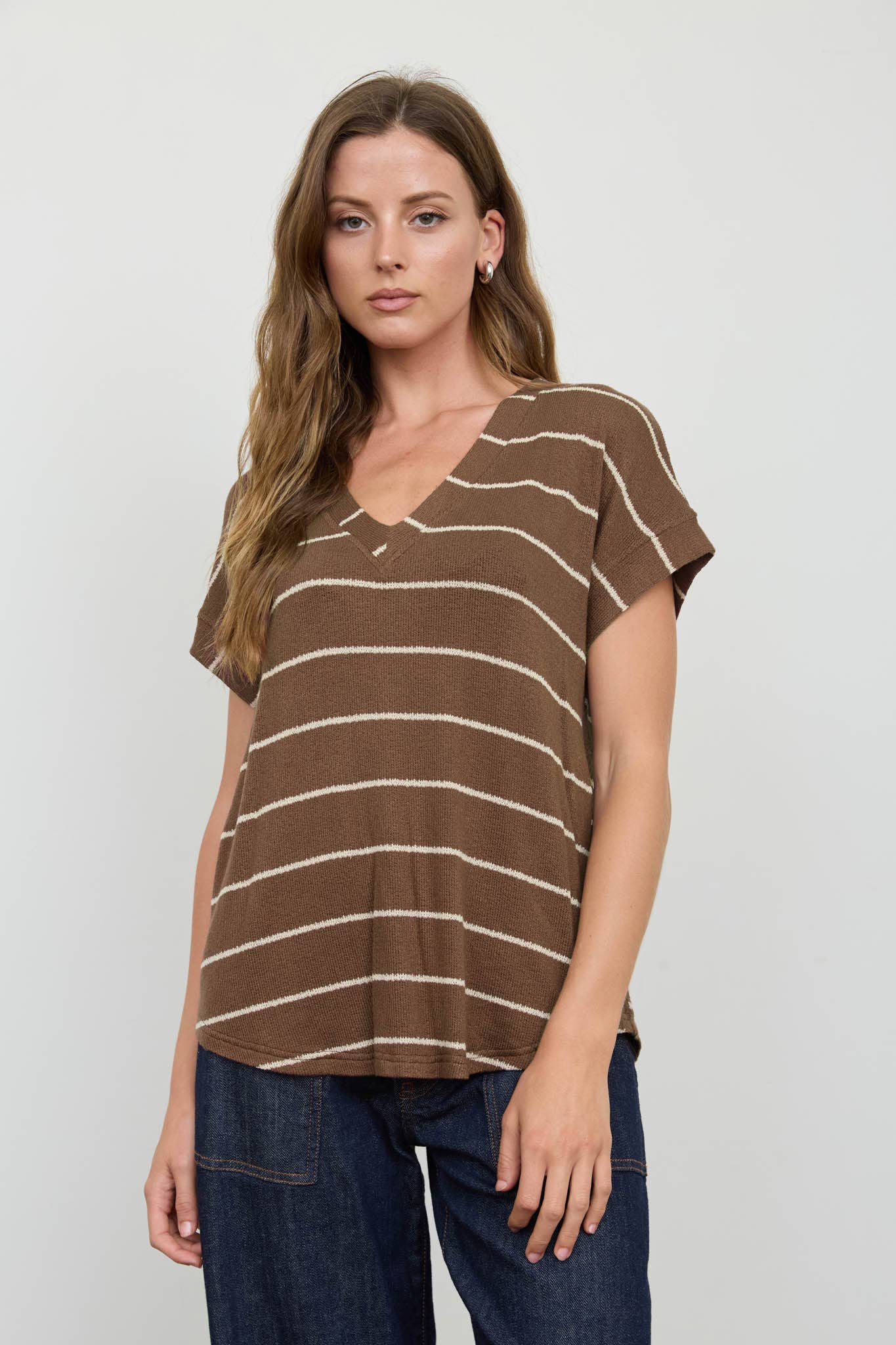 STRIPE V NECK CUFFED SLEEVE KNIT TOP - Blu Pepper