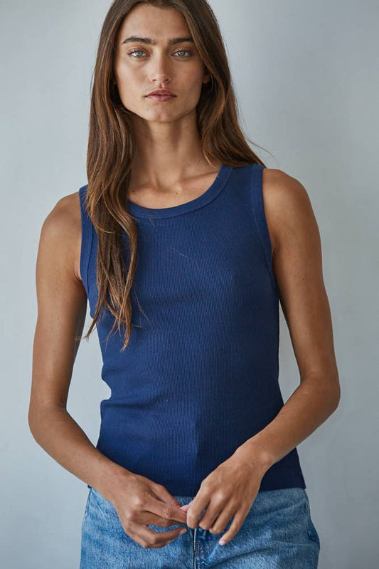 By Together - L8749 | Knit Cotton Ribbed Round Neck Sleeveless Tank Top