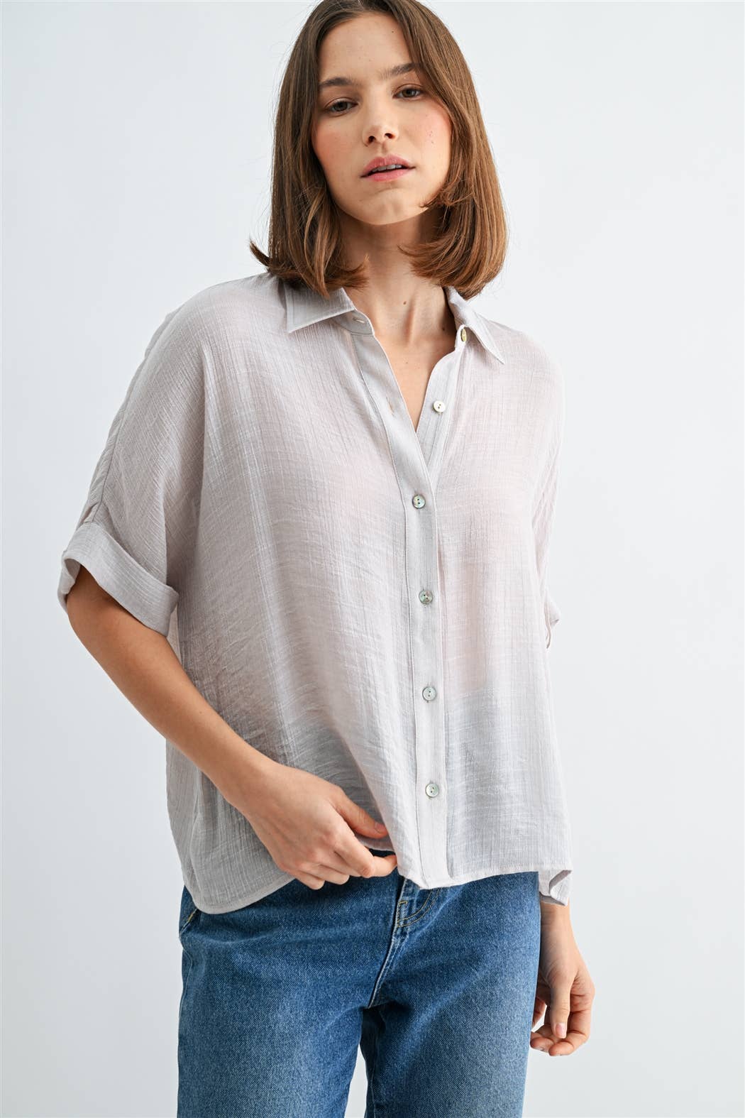 BUTTON DOWN DOLMAN SHORT SLEEVE TOP