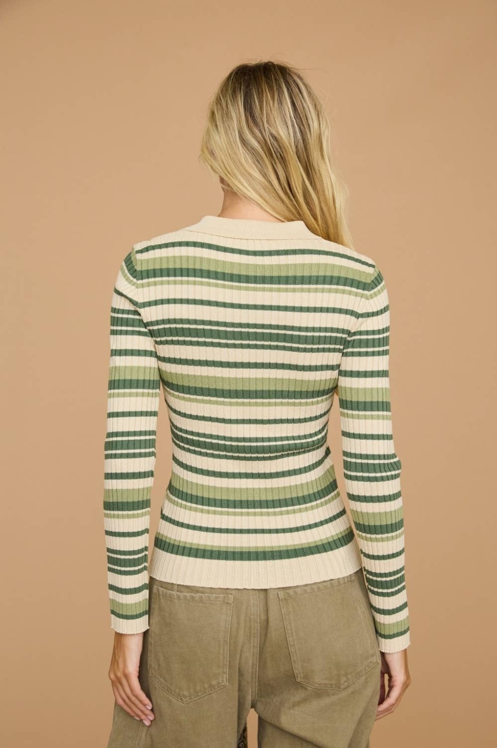 Striped Ribbed Polo Collar Button Knit Top - Dottie Dottie