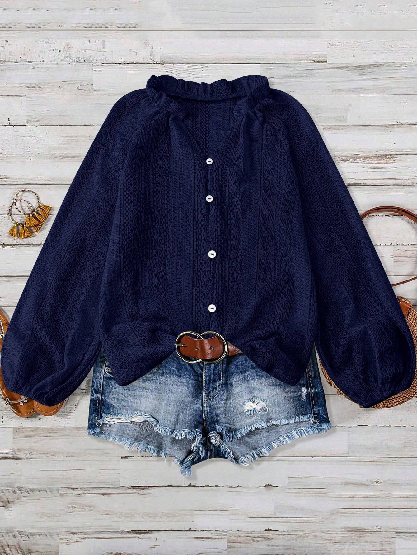 Hope & Sunshine - Lace V-Neck Button Down Blouse