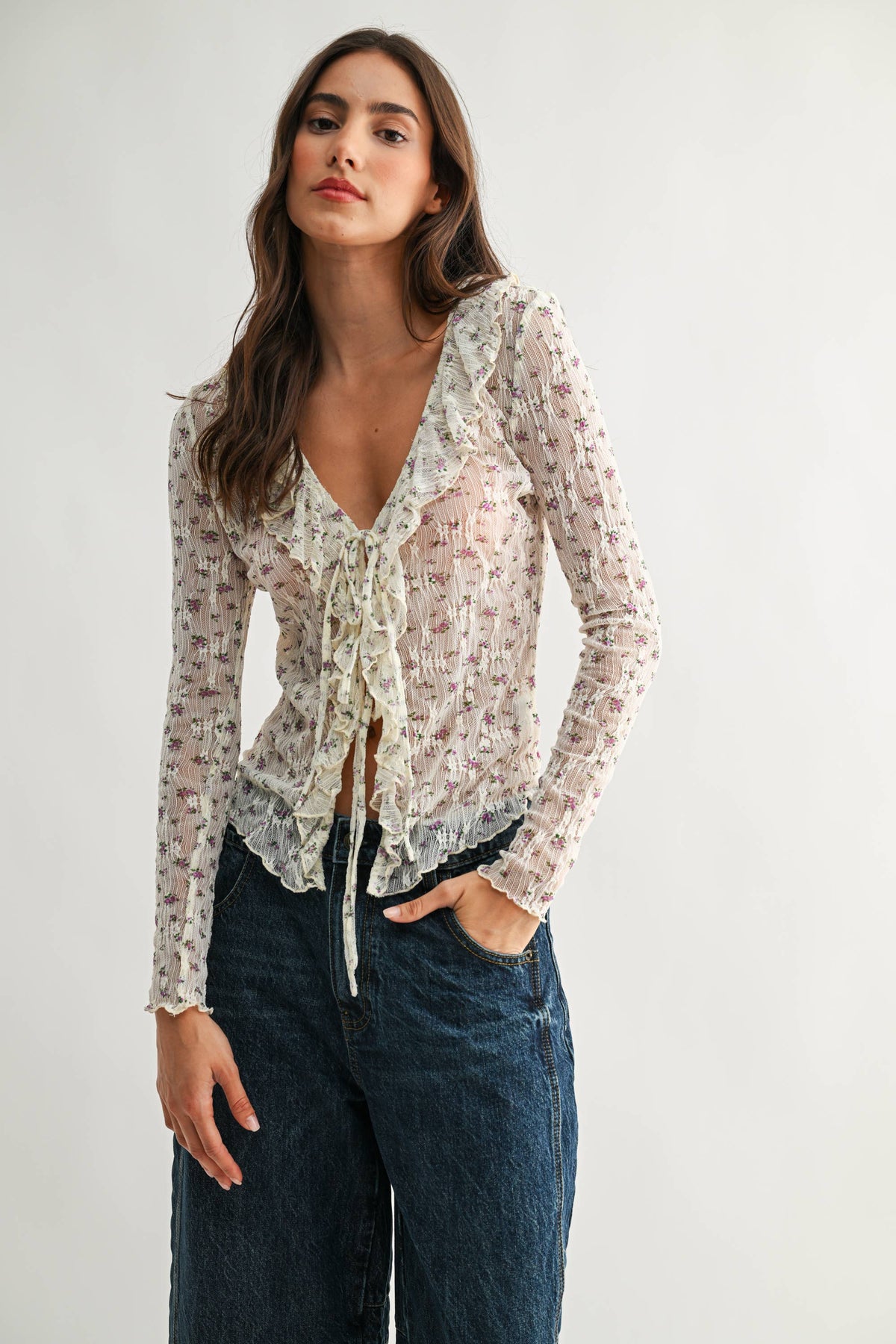 Sheer Floral Lace Long Sleeve Blouse - Camellia