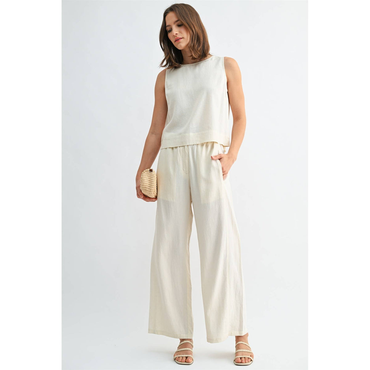FUN2FUN - LINEN BLEND ELASTIC WAIST BUTTON FRONT PANTS