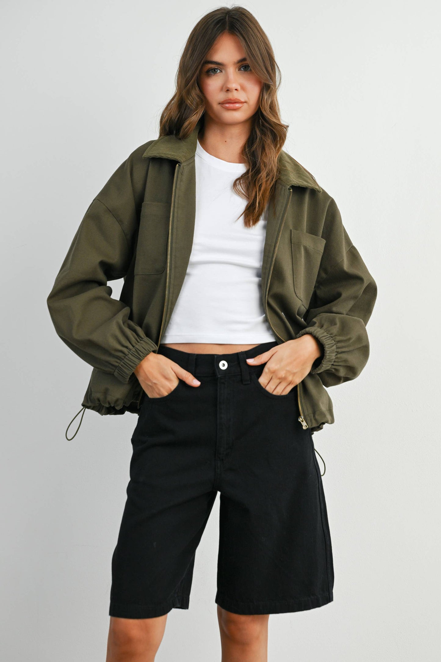 BUTTERMELON - Cord Collar Zip-Front Long Sleeve Jacket - BMJ7780
