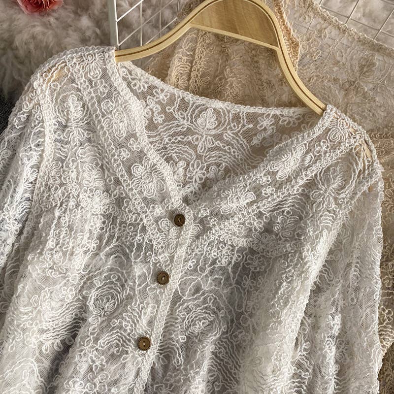 Hope & Sunshine - Crochet Cutout Long Sleeve Lace Mesh Top