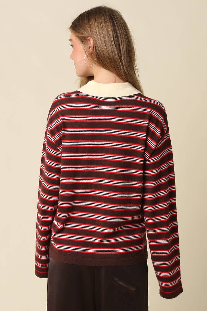 Lena Stripe Collared Knit Top - Olivaceous