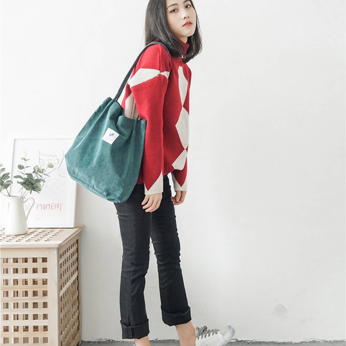 CORDUROY SNAP-BUTTON LARGE-CAPACITY SHOULDER BAG - NINEXIS