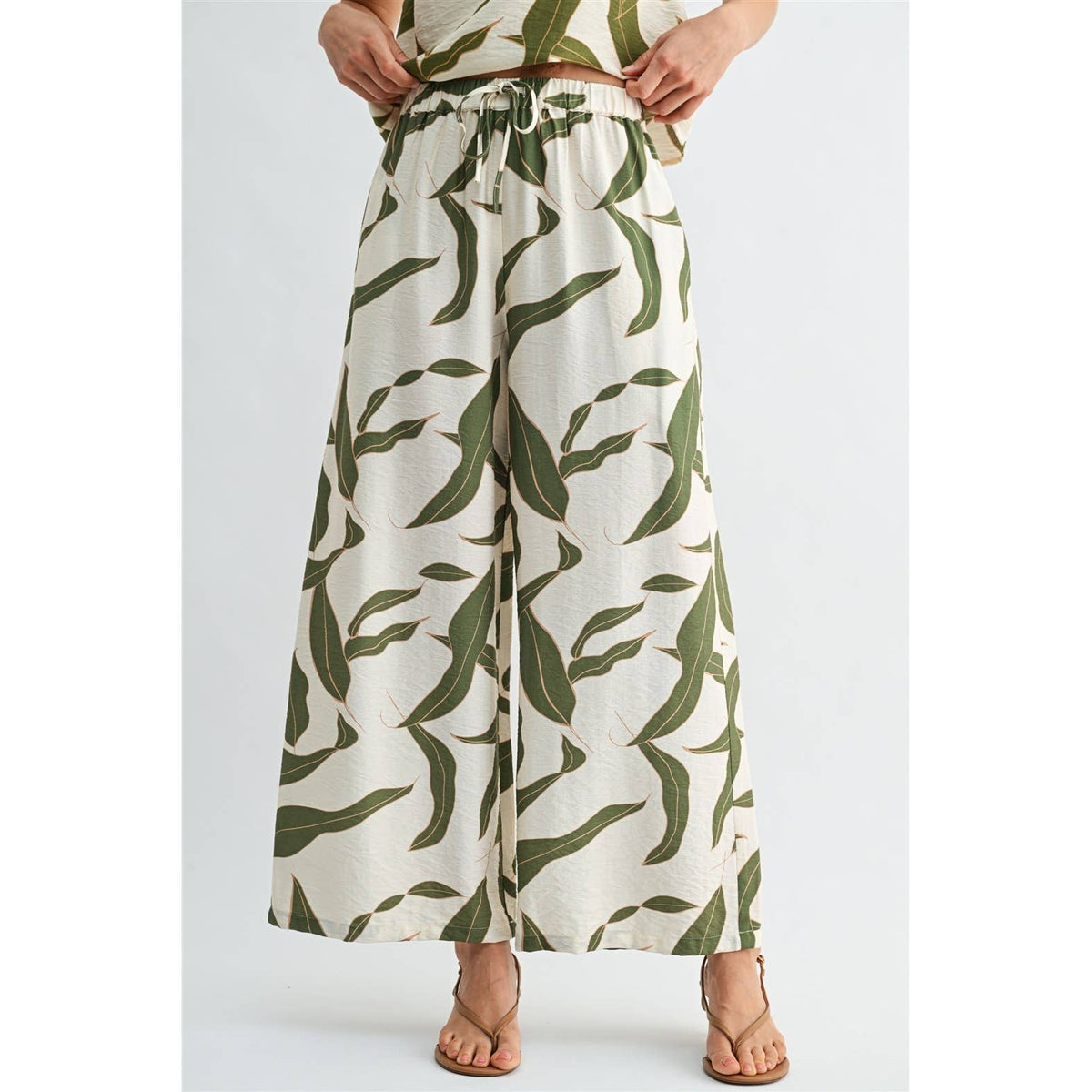 FUN2FUN - LEAF PRINT ELASTIC WAIST WIDE PANTS