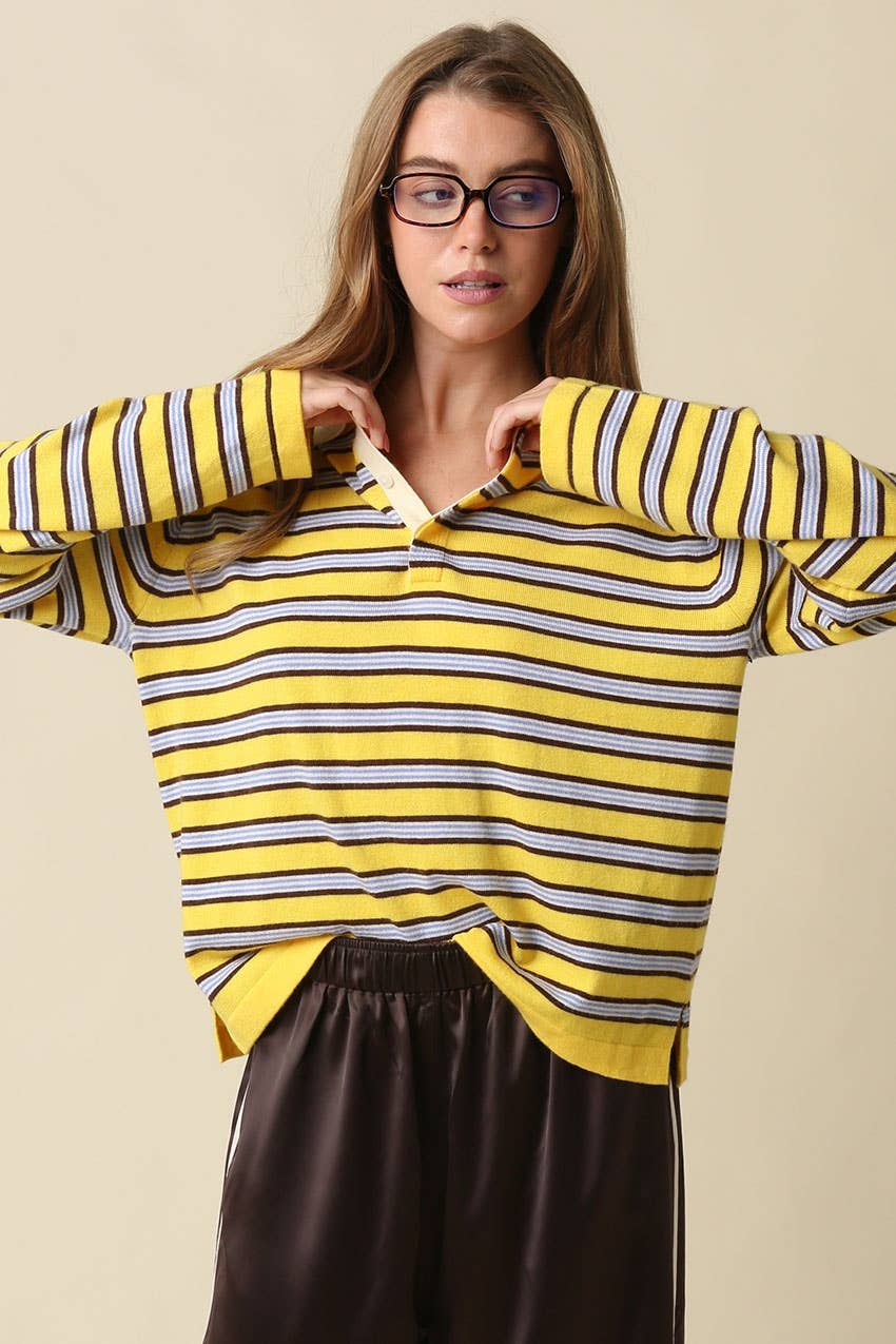 Lena Stripe Collared Knit Top - Olivaceous