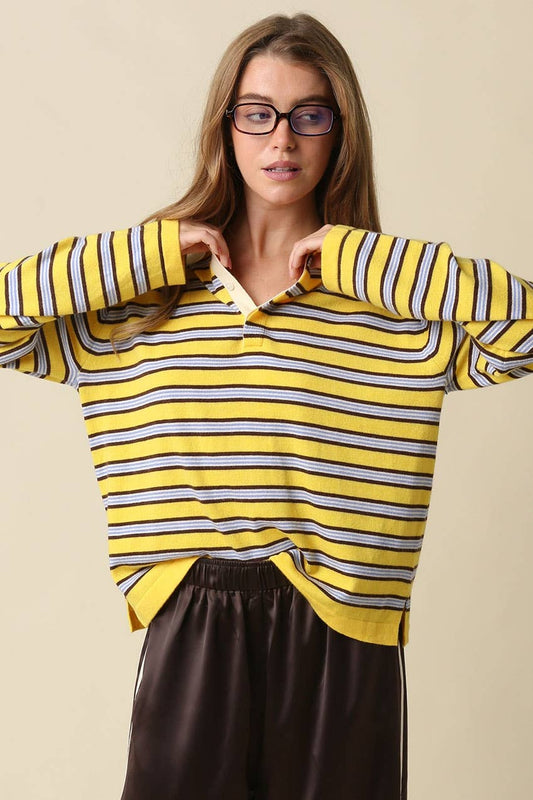 Lena Stripe Collared Knit Top - Olivaceous