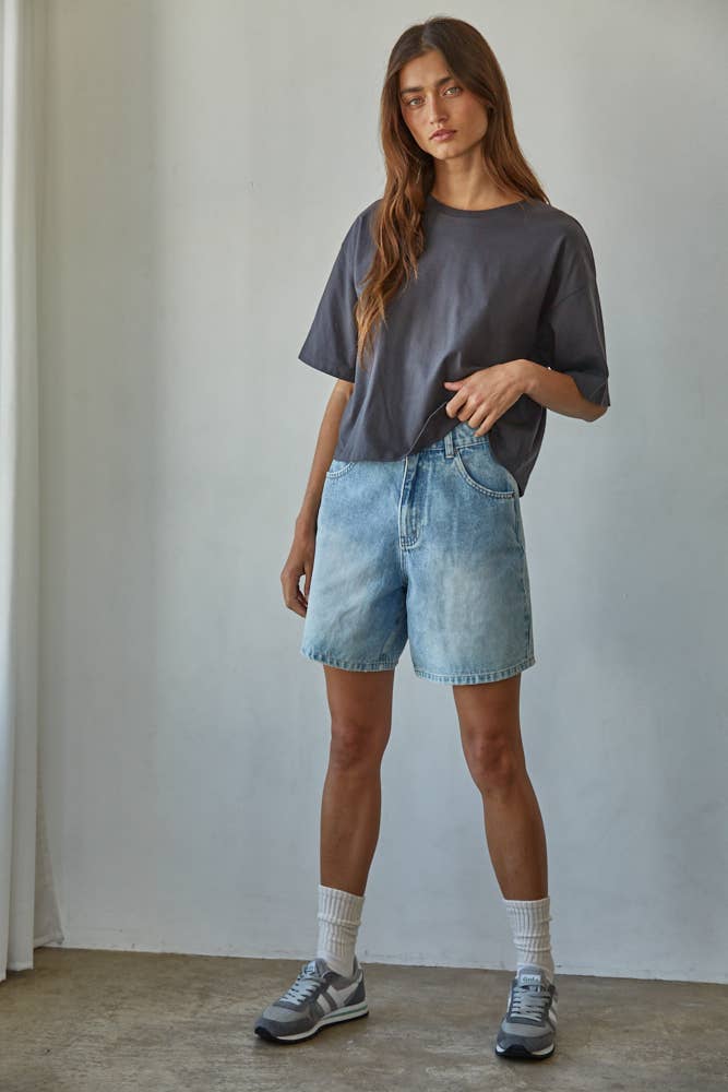 By Together - L8688 | Knit Cotton Crew Neck Drop Shoulder Short Sleeve Top