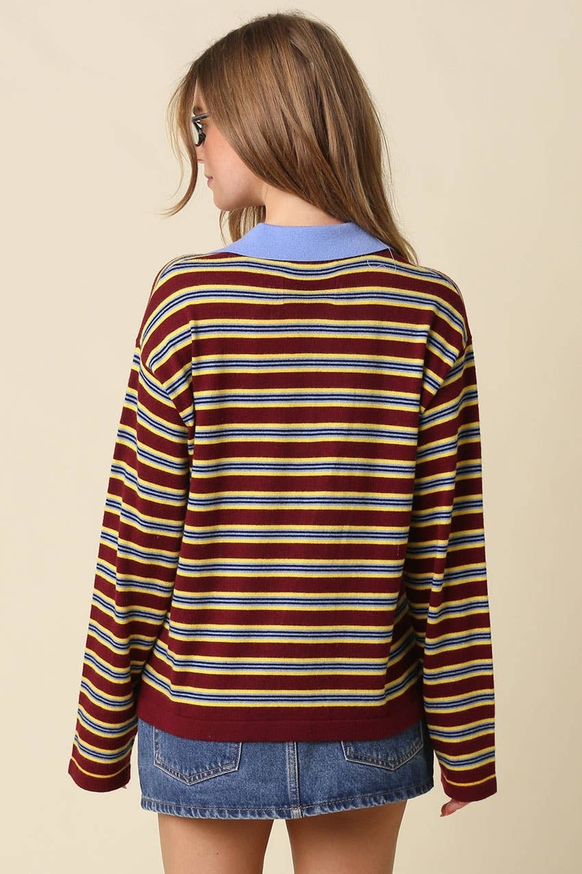 Lena Stripe Collared Knit Top - Olivaceous