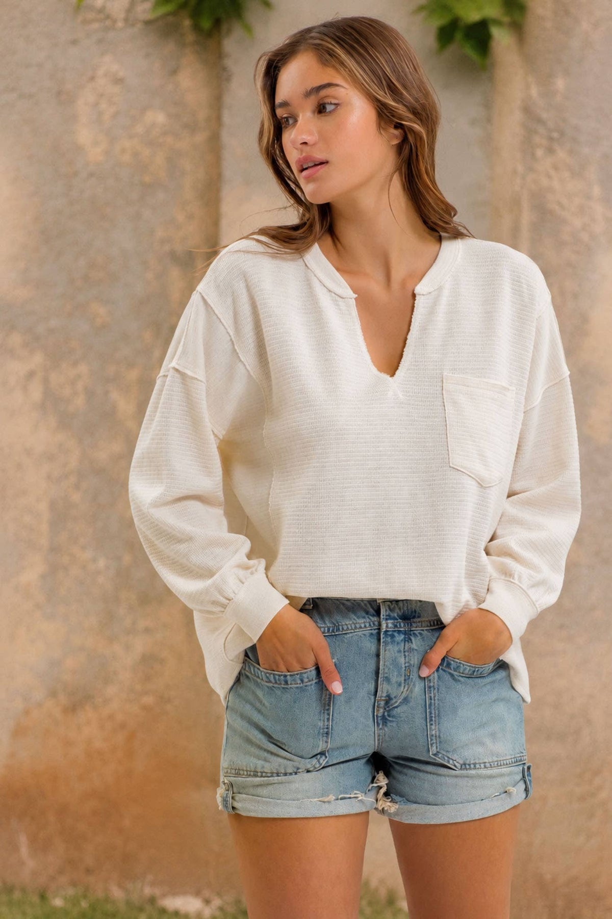 SOLID PATCHWORK SPLIT NECK KNIT TOP - Blu Pepper
