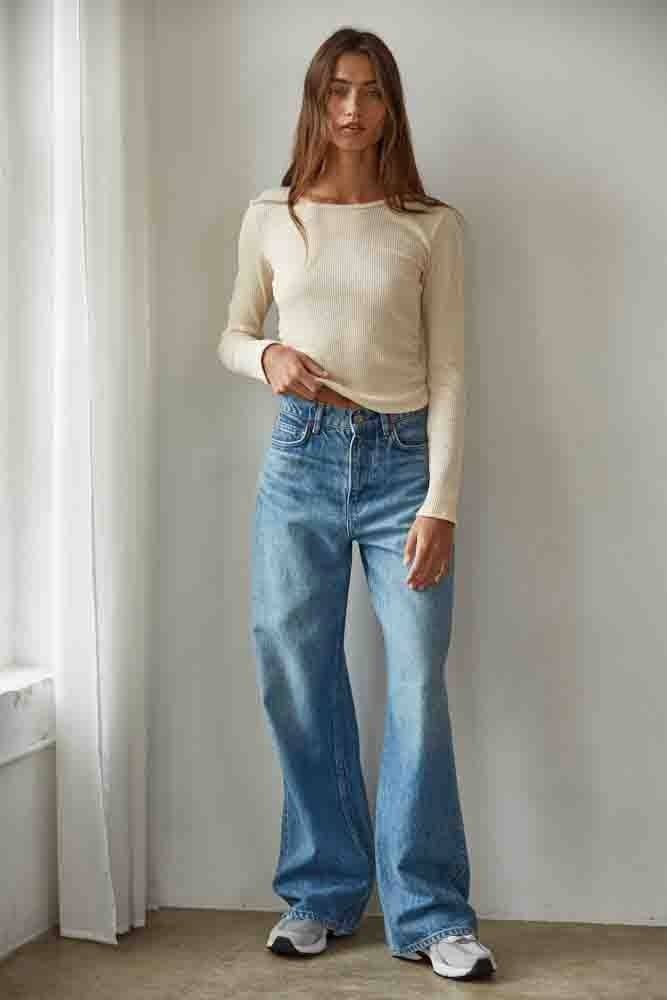 By Together - RJ3536 | Knit Ribbed Long Sleeve Side Ruching Top