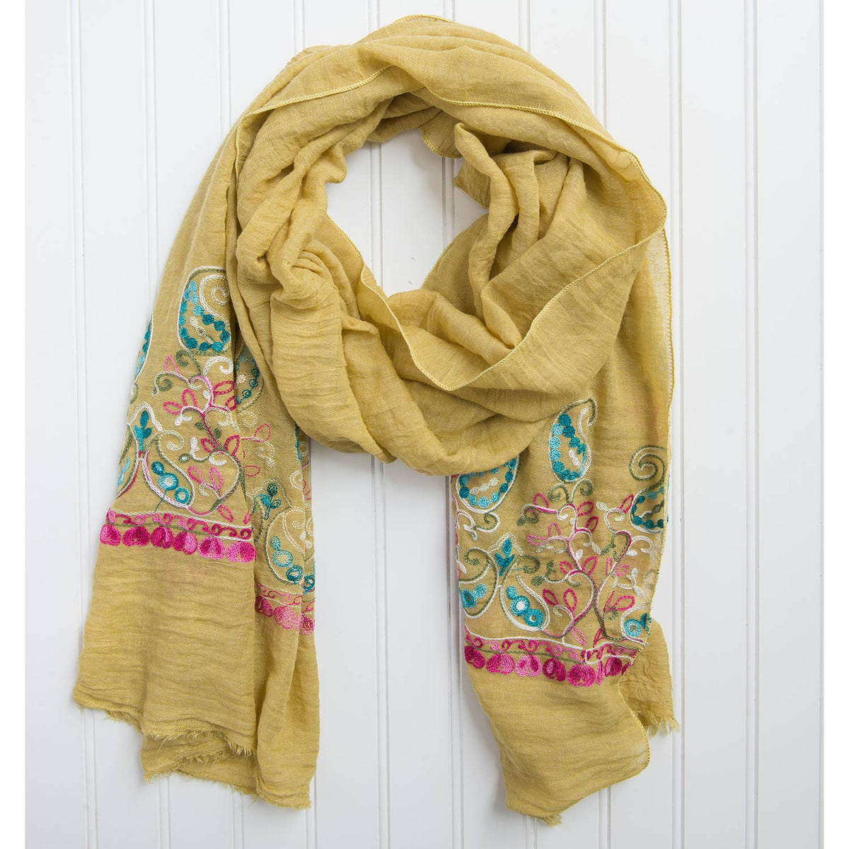 Chloe & Lex - Embroidered Floral Cotton Scarf – 18" x 68"