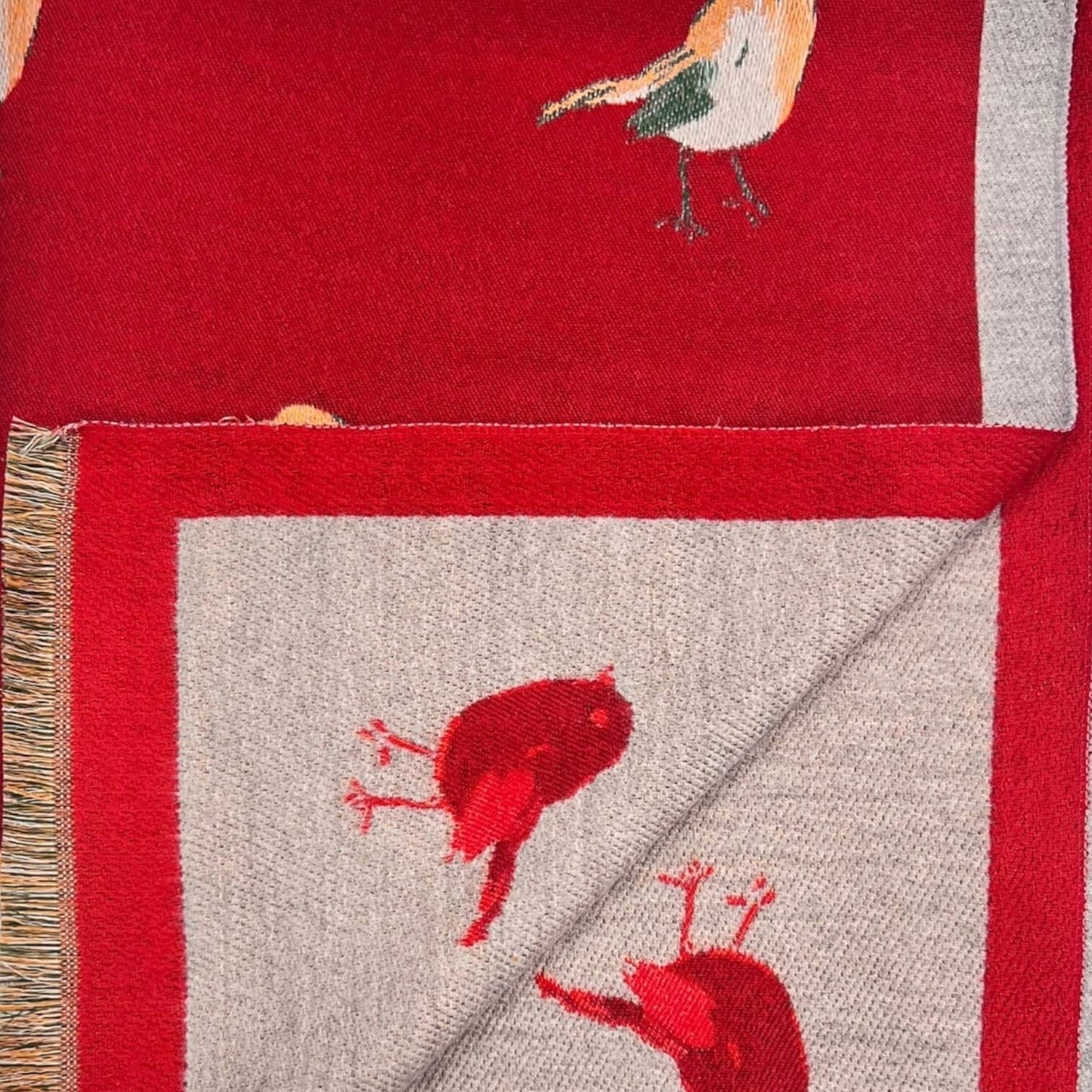 London Scarves - Robin bird woven print on reversible cashmeremix