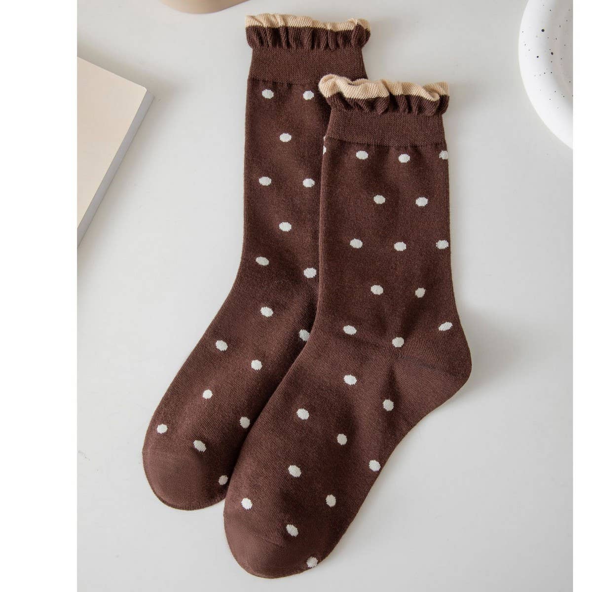 WOMEN PLAID DOT RUFFLE SLOUCH CREW SOCKS - NINEXIS