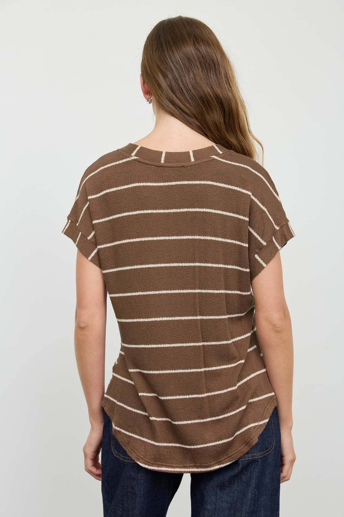 STRIPE V NECK CUFFED SLEEVE KNIT TOP - Blu Pepper