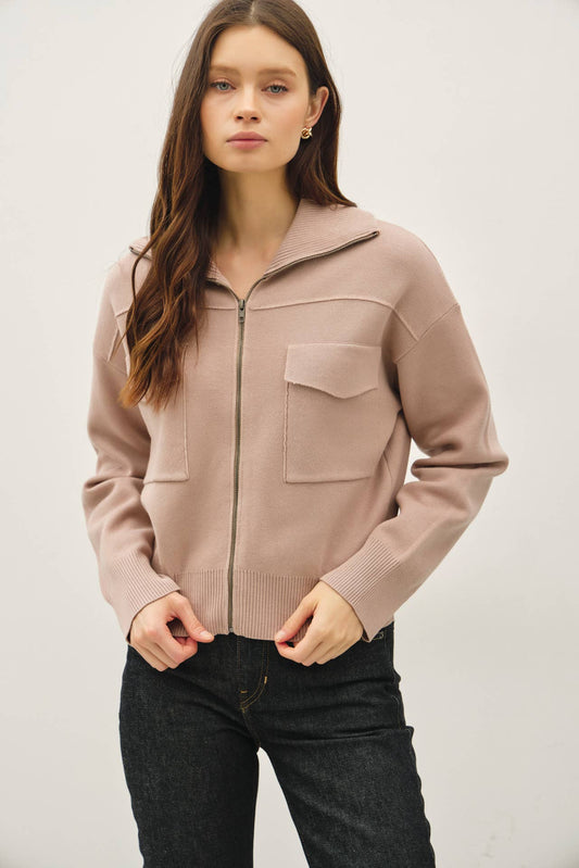 Be Cool - ZIP UP SWEATER JACKET W/ FLOPPY RIBBED COLLAR & CHEST POCKET