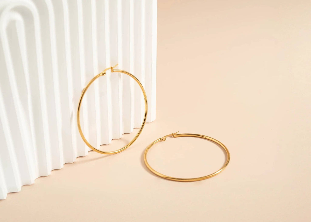 18K Gold PVD Stainless Steel Round Tube Hoop Earrings - WJW