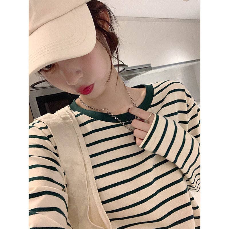 Striped Loose Fit Long Sleeve T-Shirt - Sheer Trend