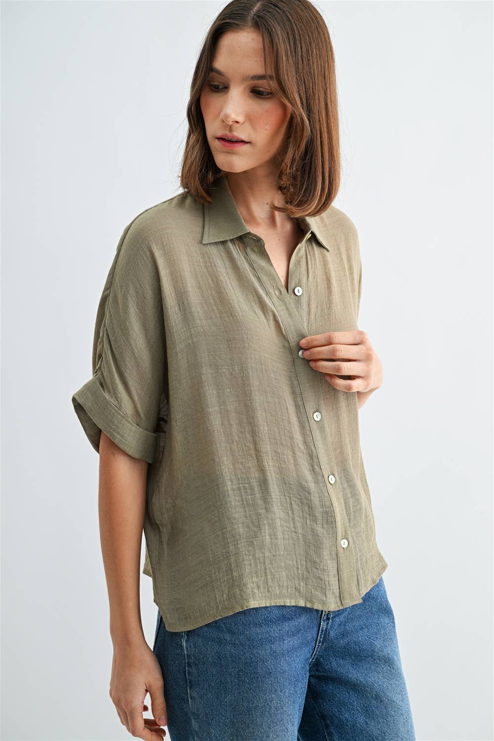 BUTTON DOWN DOLMAN SHORT SLEEVE TOP