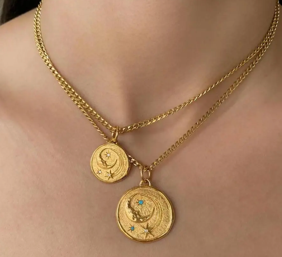  Athena Luna Coin Charm Necklace- 2 lengths14K gold