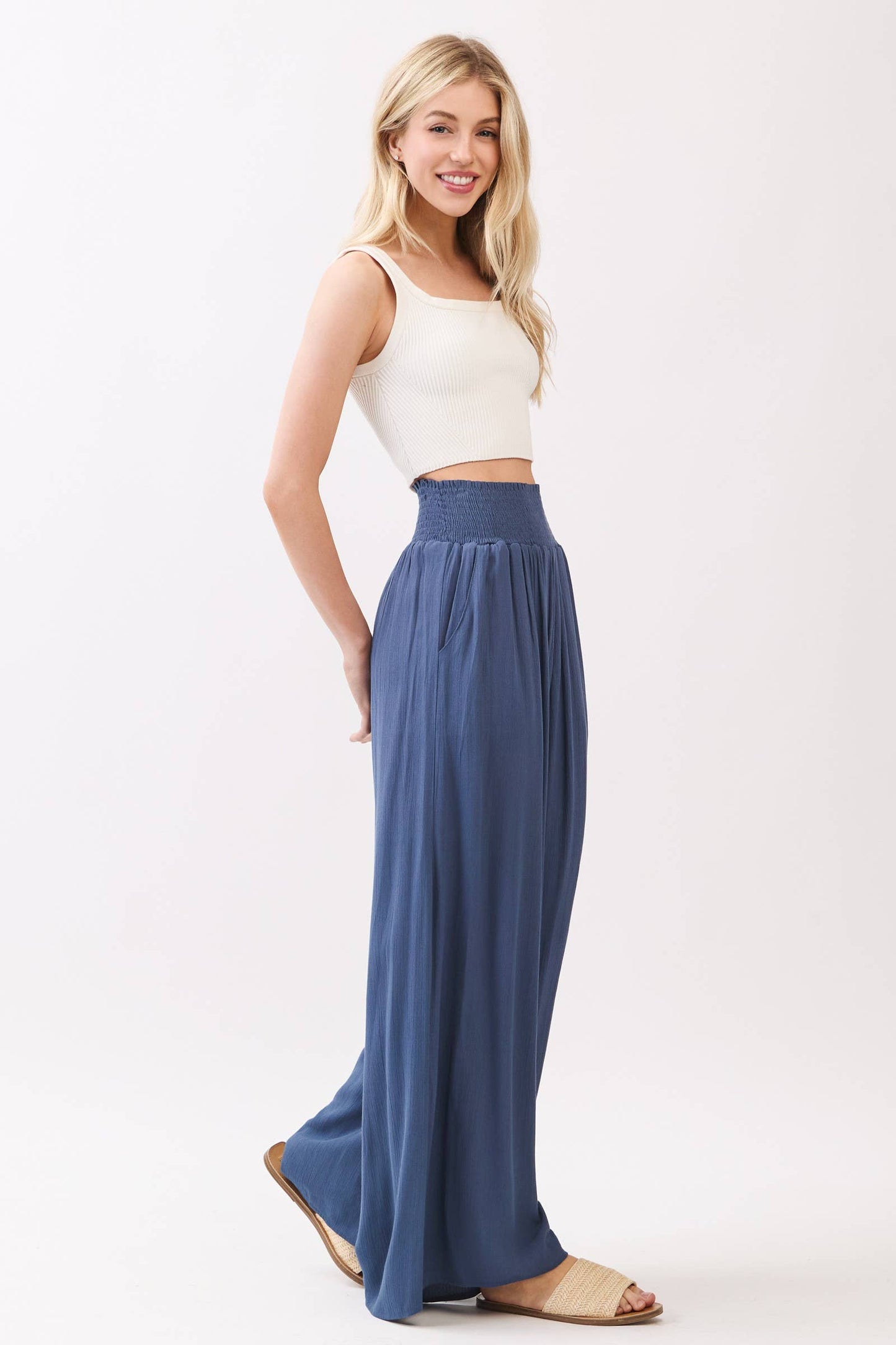 WIDE SMOCK WAIST WIDE LEG PANTS - VNP70263D