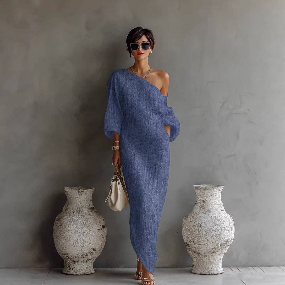 Off Shoulder Long Sleeve Solid Color Dress - UZWS