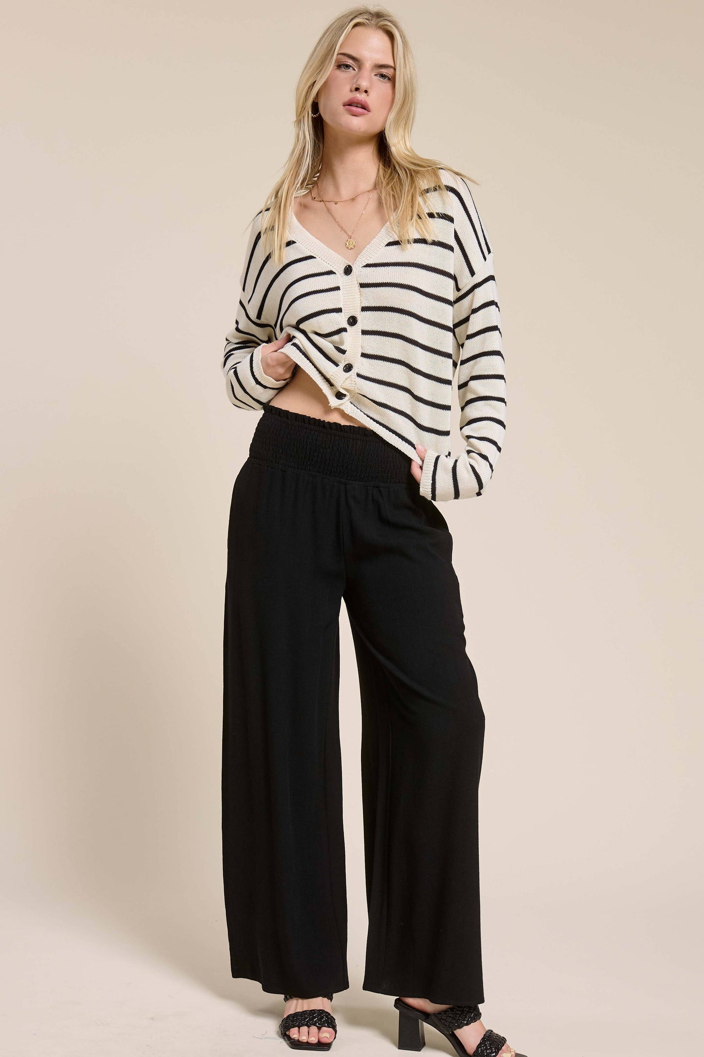 La Miel - MDS3611-Relaxed Striped Summer V Neck Button Down Cardigan