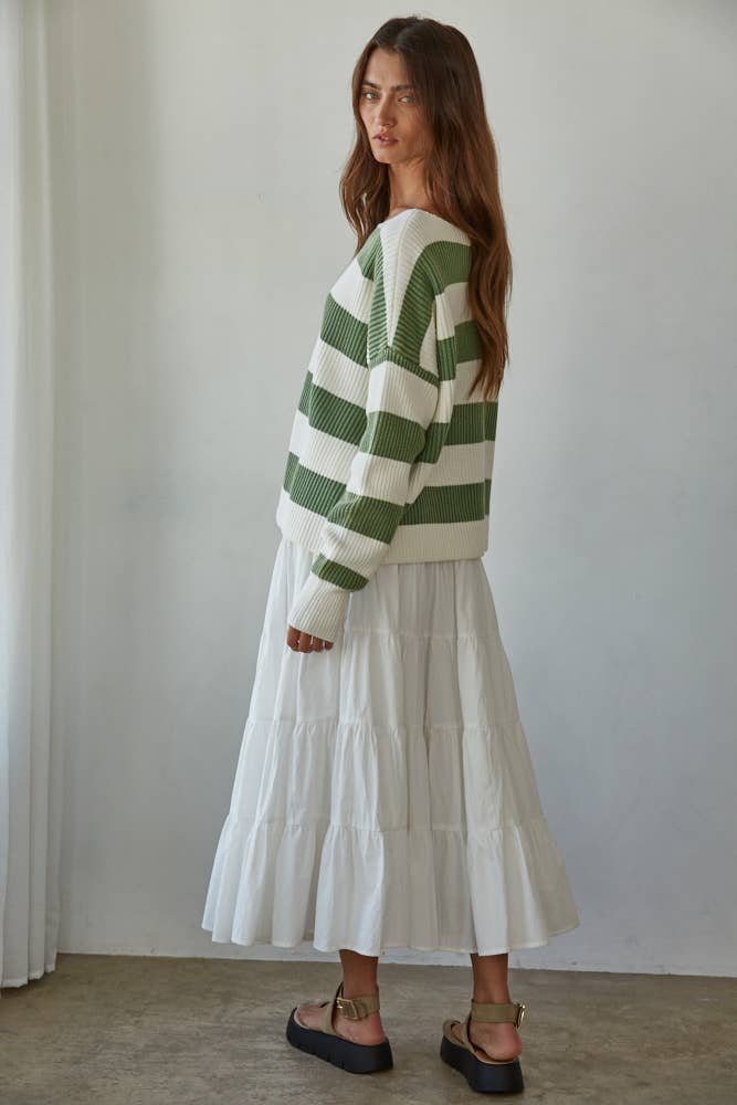 W2295 | Knit Sweater Striped Cotton Boat Neck Long Sleeve