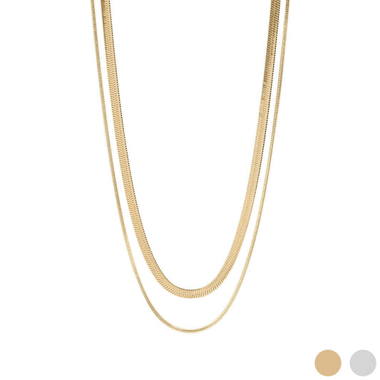 18K Gold PVD Stainless Steel Herringbone and Snake Layered Chain Necklace