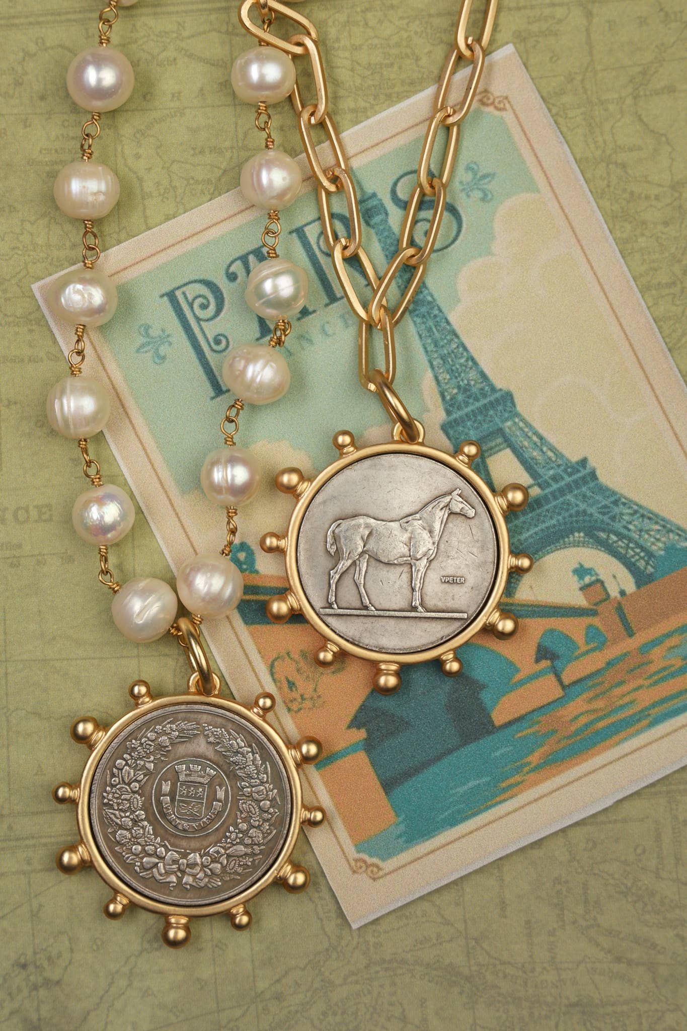 ali & bird jewelry - Matte Gold Paperclip Chain & French Coin Pendant Necklace