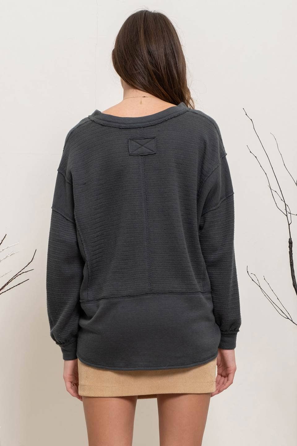 SOLID PATCHWORK SPLIT NECK KNIT TOP - Blu Pepper