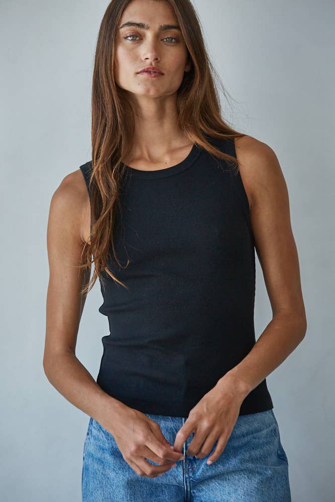 Knit Cotton Ribbed Round Neck Sleeveless Tank Top - By together