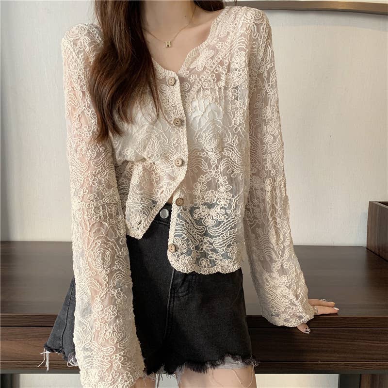 Hope & Sunshine - Crochet Cutout Long Sleeve Lace Mesh Top