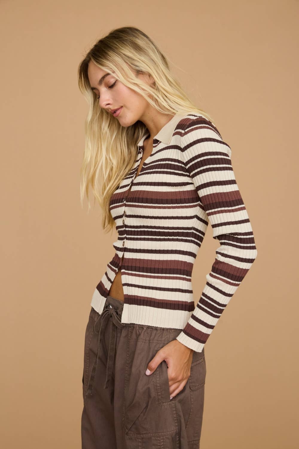 Striped Ribbed Polo Collar Button Knit Top - Dottie Dottie