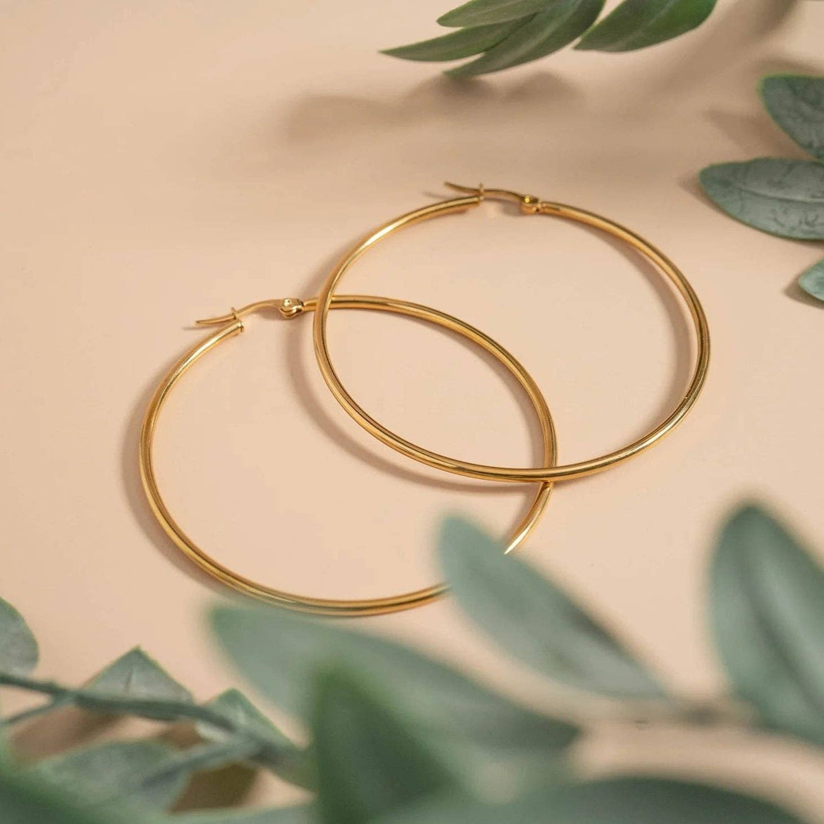 18K Gold PVD Stainless Steel Round Tube Hoop Earrings - WJW