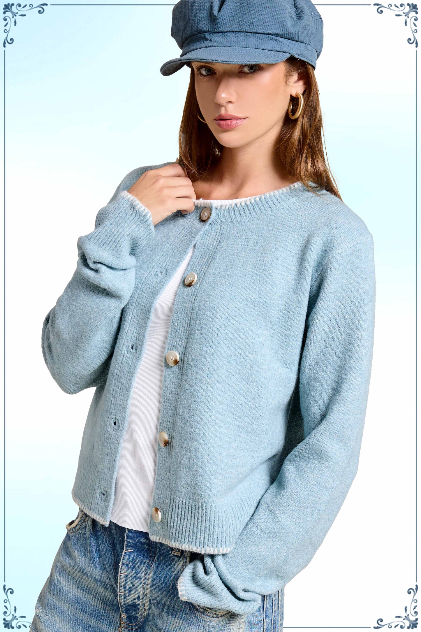 La Miel - MDS3612-Fuzzy Cardigan With Marble Button & Blanket Stitch