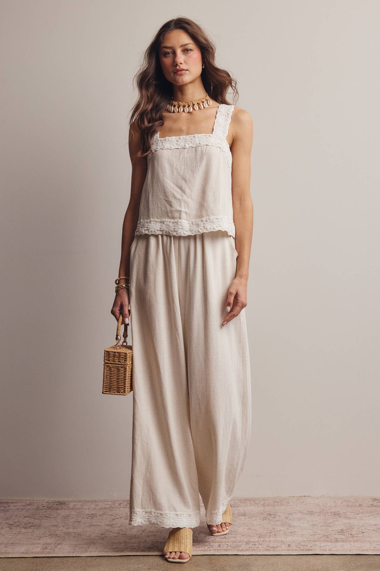 Embroidered Square-Neck Tank & Wide-Leg Pants Set FSET011