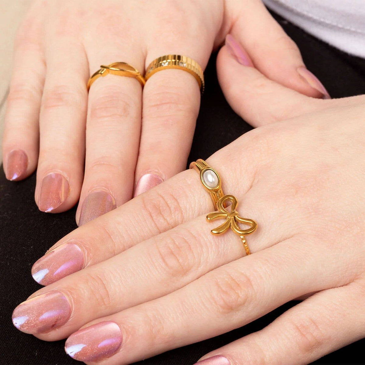 18K Gold PVD Stainless Steel Faux Pearl Statement Ring - WJW
